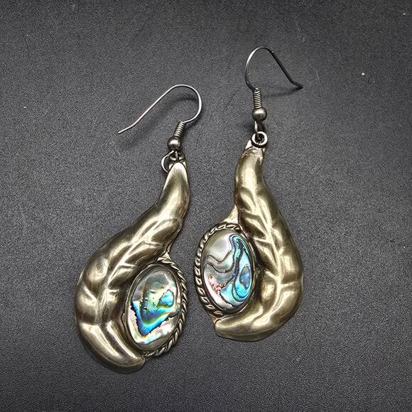 Alpaca Mexico Blue Abalone Shell Earrings Feathers Dangle Drop - Picture 1 of 6